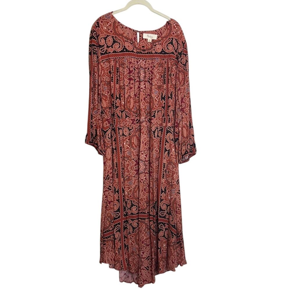 Nurture by Westbound Womens Maxi Dress 2X Rust Boho Paisley Print Long Sleeve